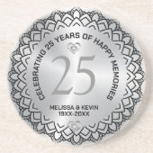 Zwart Mandala op Silver 25th Wedding Jubileum Zandsteen Onderzetter (Voorkant)