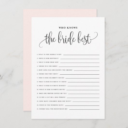 Zwart Manuscript dat de Bride Best Shower Game ken Informatiekaartje (Voorkant / Achterkant)
