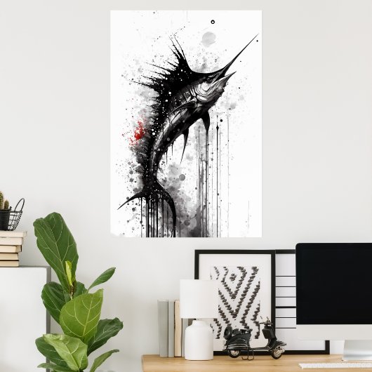 Zwart marlin Ink Painting Poster (Thuiskantoor)