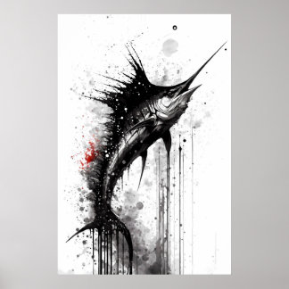Zwart marlin Ink Painting Poster