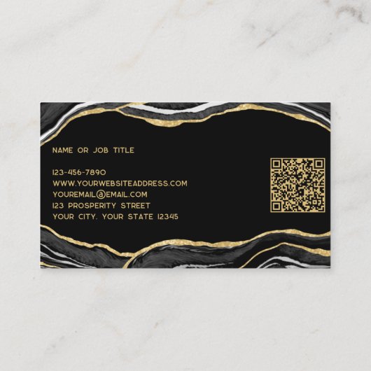 Zwart marmer agaat geode gouden glitter QR code Visitekaartje (Achterkant)