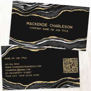 Zwart marmer agaat geode gouden glitter QR code Visitekaartje