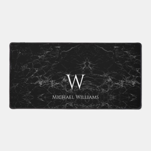 Zwart Marmer Elegant Monogram Initiaal Naam Bureaumat (Voorkant)