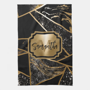Zwart marmer en glitter geometrisch mozaïek theedoek