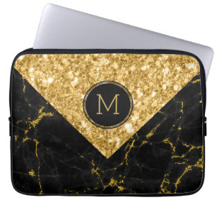 Zwart marmer en Gold Glitter Geometric Design Laptop Sleeve