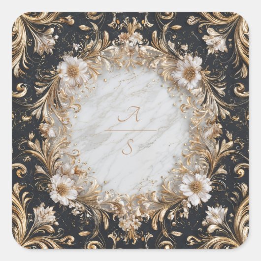 Zwart Marmer en Goud Bloemen Trouwen Sticker (Voorkant)