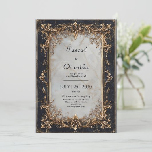 Zwart marmer en goud bruiloft kaart (Staand voorkant)