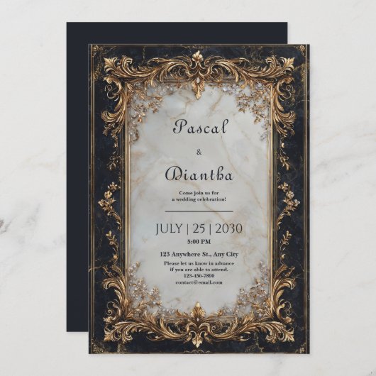 Zwart marmer en goud  bruiloft kaart (Voorkant / Achterkant)