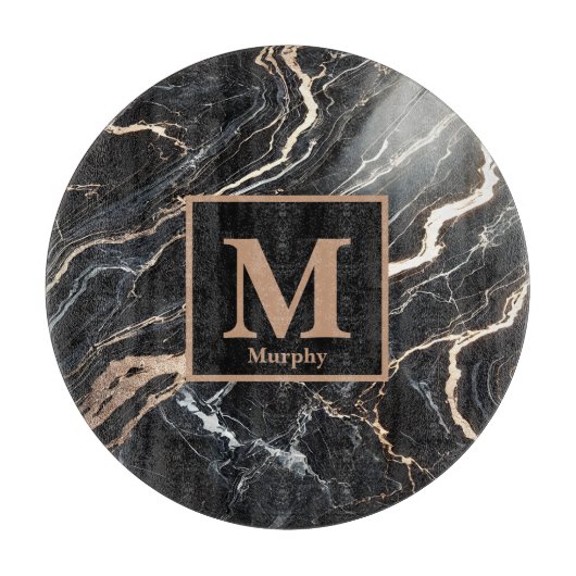 Zwart marmer en gouden ader monogram snijplank (Voorkant)