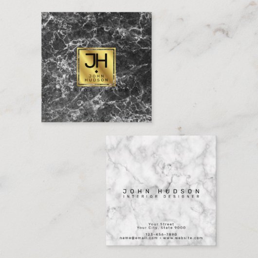 Zwart marmer en gouden moderne monogram Square Bus Vierkante Visitekaartje (Voorkant / Achterkant)