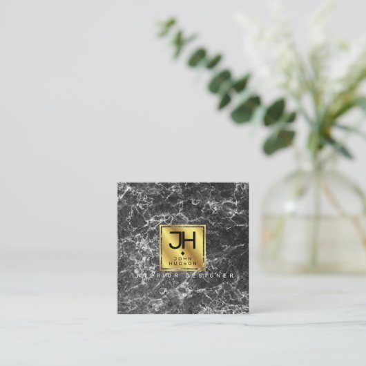 Zwart marmer en goudmatig monogram vierkante visitekaartje (Staand voorkant)