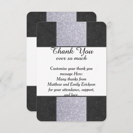Zwart Marmer en Zilver Glitter Panel Design Bedankkaart (Voorkant / Achterkant)