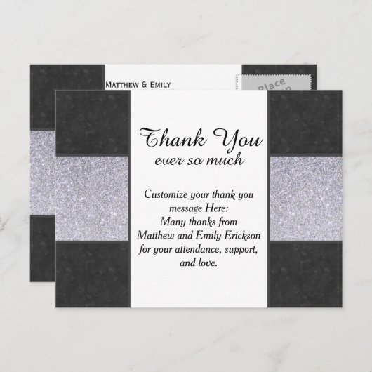 Zwart Marmer en Zilver Glitter Panel Design Briefkaart (Voorkant / Achterkant)