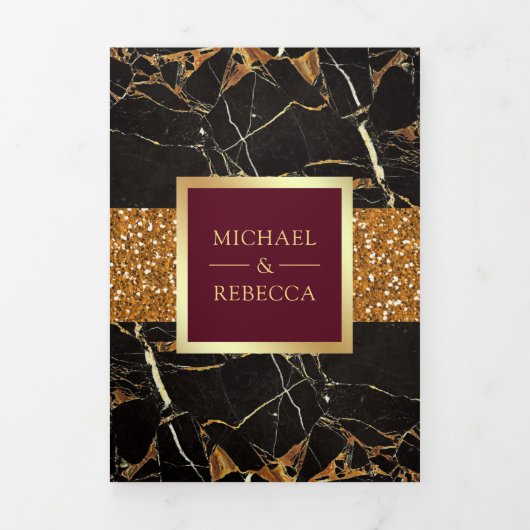 Zwart Marmer Goud Glitter Bourgogne Rood Bruiloft Drieluik Uitnodiging (Cover)