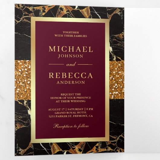 Zwart Marmer Goud Glitter Bourgogne Rood Bruiloft Drieluik Uitnodiging (Binnenzijde eerst)