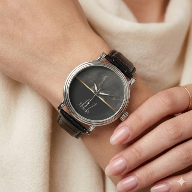 Zwart marmer goud glitter monogram horloge (Creator heeft geüpload)