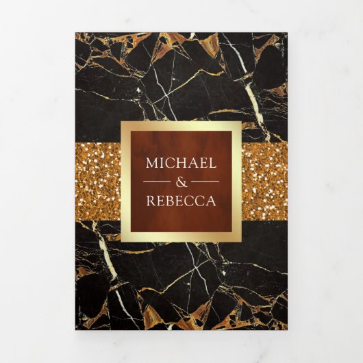Zwart Marmer Goud Glitter Terracotta Bruiloft Drieluik Uitnodiging (Cover)