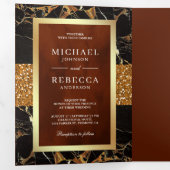 Zwart Marmer Goud Glitter Terracotta Bruiloft Drieluik Uitnodiging (Binnenzijde eerst)