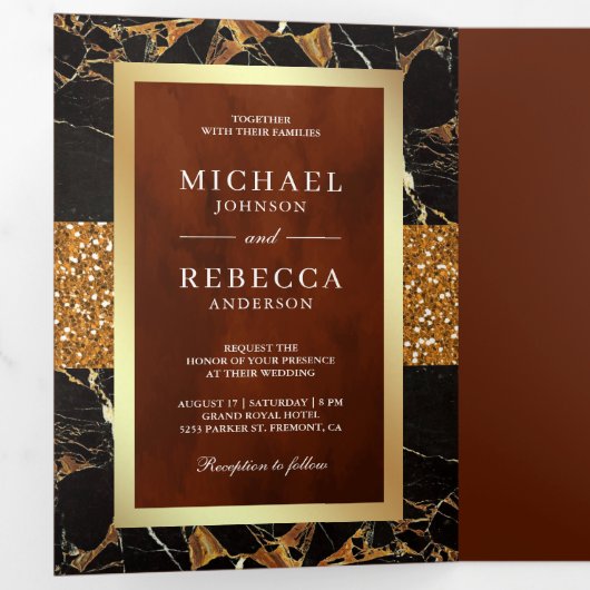 Zwart Marmer Goud Glitter Terracotta Bruiloft Drieluik Uitnodiging (Binnenzijde eerst)