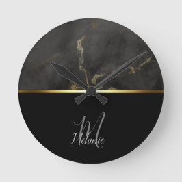 Zwart marmer goud monogram ronde klok