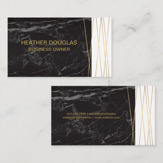 zwart marmer | gouden Abstracte lijnen Visitekaartje (Voorkant / Achterkant)