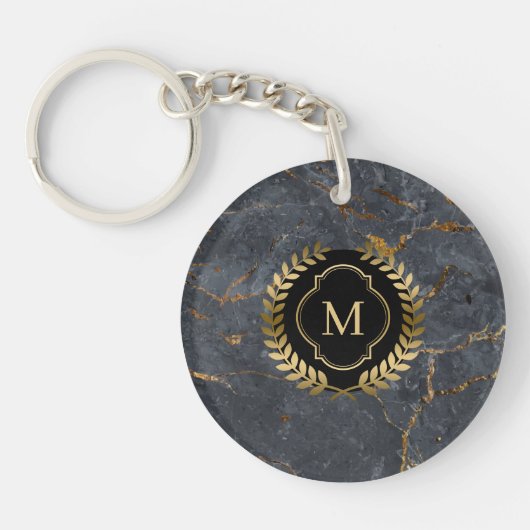 Zwart Marmer Gouden Badge Monogram Sleutelhanger (Voorkant)