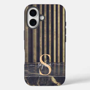 zwart marmer gouden glitters monogram iPhone 16 hoesje
