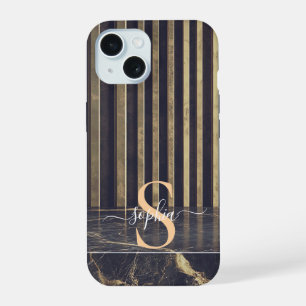 zwart marmer gouden glitters monogram iPhone 15 case