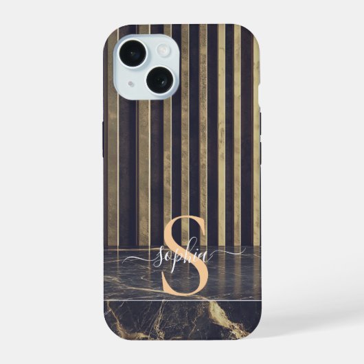 zwart marmer gouden glitters monogram iPhone 15 case (Achterkant)