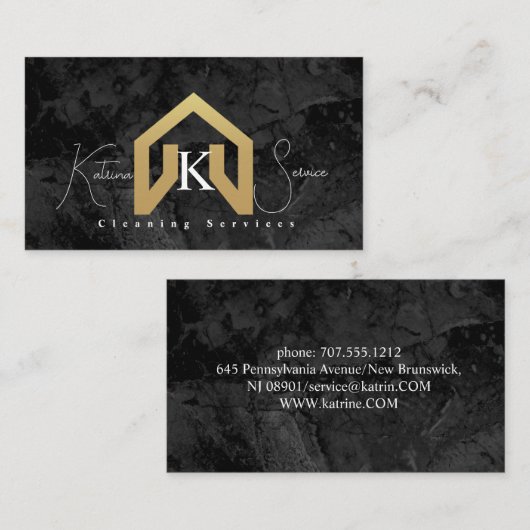 Zwart marmer gouden huis ontwerp schoonmaak servic visitekaartje (Voorkant / Achterkant)