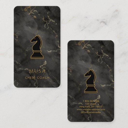 Zwart Marmer & Gouden Schaakcoach Visitekaartje (Voorkant / Achterkant)