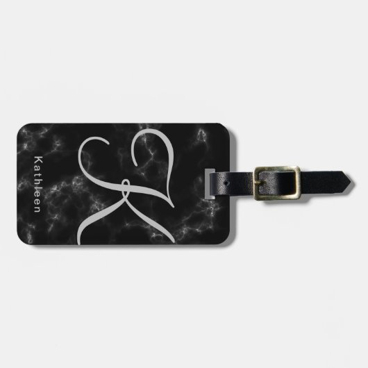 Zwart marmer Gray Monogrammed Initiaal Bagagelabel (Voorkant horizontaal)