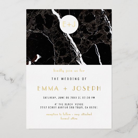 Zwart Marmer Moderne Eenvoudige Bruiloftsgoudfolie Folie Uitnodiging (Voorkant)