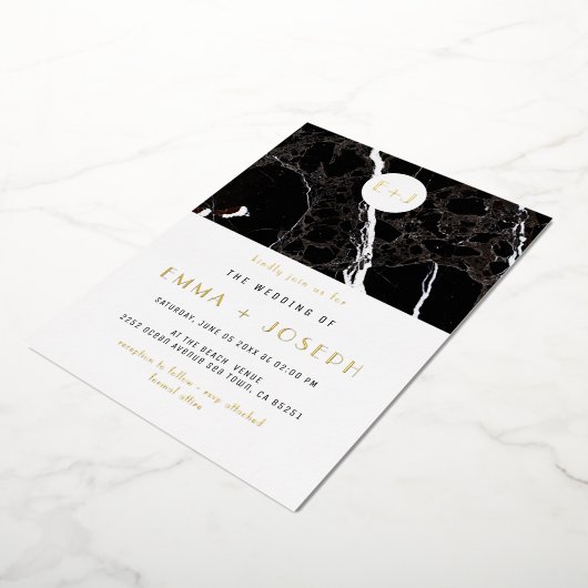 Zwart Marmer Moderne Eenvoudige Bruiloftsgoudfolie Folie Uitnodiging (Gedraaid)