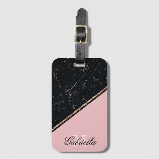 Zwart Marmer Roos Gouden Glitter Bagagelabel (Voorkant (verticaal))