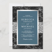 Zwart Marmer Zilver Dusty Blue QR Code Wedding Kaart (Voorkant)