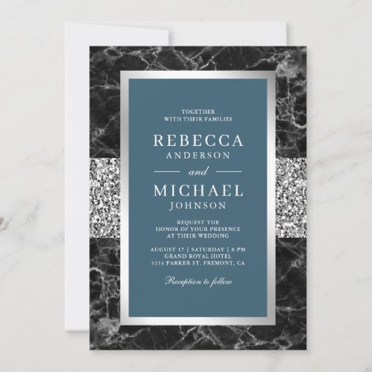 Zwart Marmer Zilver Dusty Blue QR Code Wedding Kaart (Voorkant)