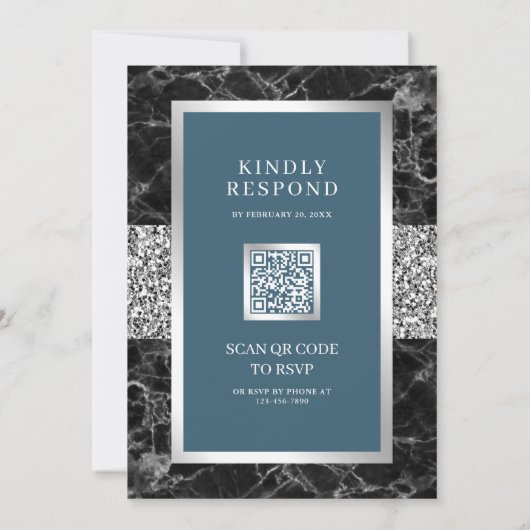 Zwart Marmer Zilver Dusty Blue QR Code Wedding Kaart (Achterkant)