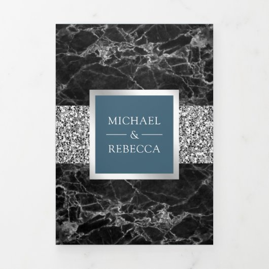 Zwart Marmer Zilver Glitter Stoffig Blauw Bruiloft Drieluik Uitnodiging (Cover)