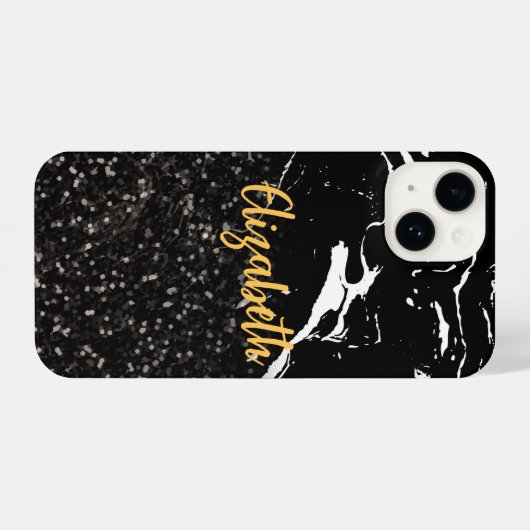 Zwart Marmer/Zwart Glitter iPhone Hoesje (Achterkant horizontaal)