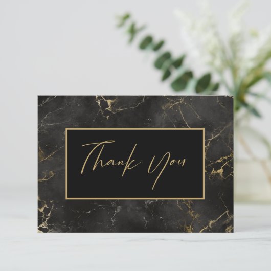 Zwart marmeren agaat gouden rand bedankkaart (Staand voorkant)