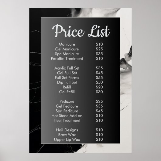Zwart marmeren nagelstudio Prijslijst Menu Poster (Voorkant)