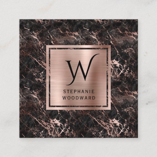 Zwart Marmeren Roos Goud Geborsteld Folie Monogram Vierkante Visitekaartje (Voorkant)