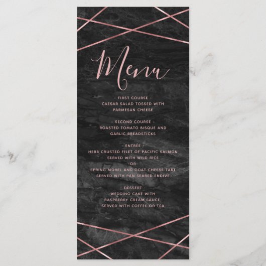 Zwart Marmeren Roos Gouden Lijn Geometrische Bruil Menu (Voorkant)