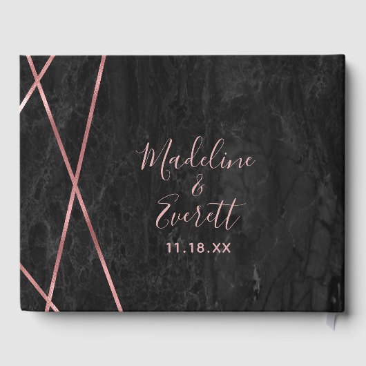 Zwart Marmeren Roos Gouden Lijnen Geo Bruiloft Mon Gastenboek (Achterkant)