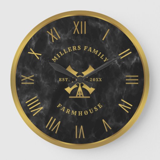 Zwart Marmeren Textuur Gouden Fam House Romeinse c Grote Klok (Voorkant)