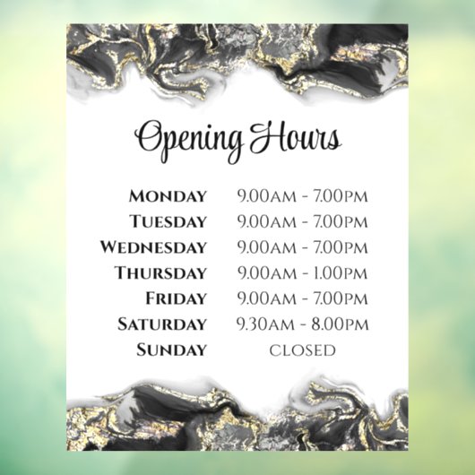 Zwart marmerontwerp openingstijden raamkoeling raamsticker (Vel 3)