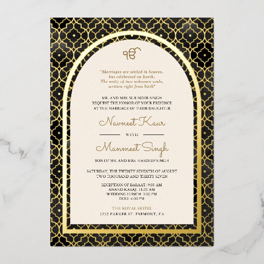 Zwart Marokkaans Patroon Sikh Boog Trouwgoud Folie Uitnodiging (Voorkant)