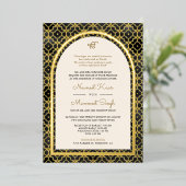 Zwart Marokkaans Patroon Sikh Boog Trouwgoud Folie Uitnodiging (Staand Voorkant)