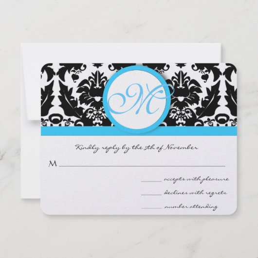 Zwart masker met lichte, donkerblauwe bruiloft RSVP kaartje (Achterkant)